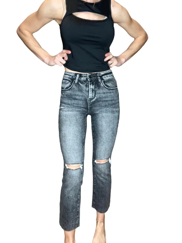 High Rise Ankle Straight Jeans In Black Acid