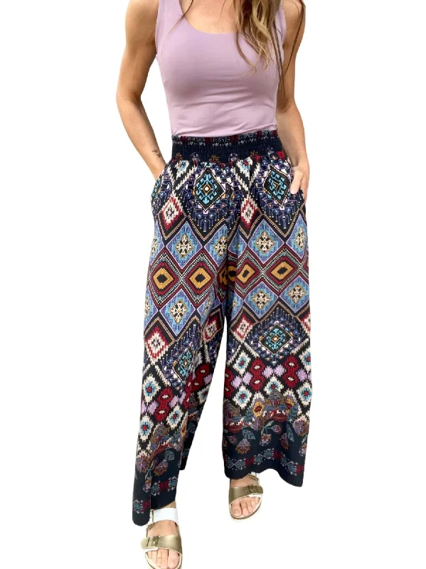 Smocked Waist Boho Print Pants In Blue