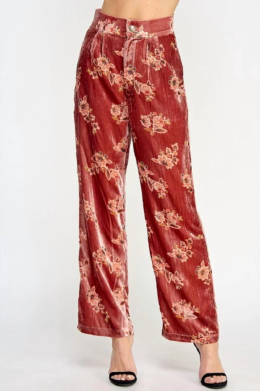 Women's Floral Velvet Trousers In Red