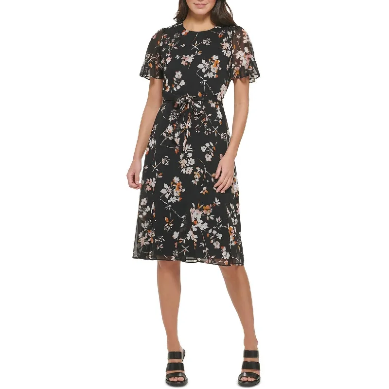 DKNY Womens Midi Floral Print Fit & Flare Dress