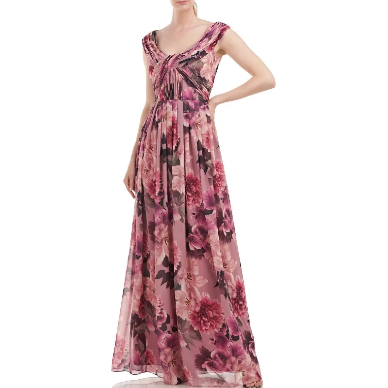 Kay Unger New York Womens Floral Pleated Evening Dress