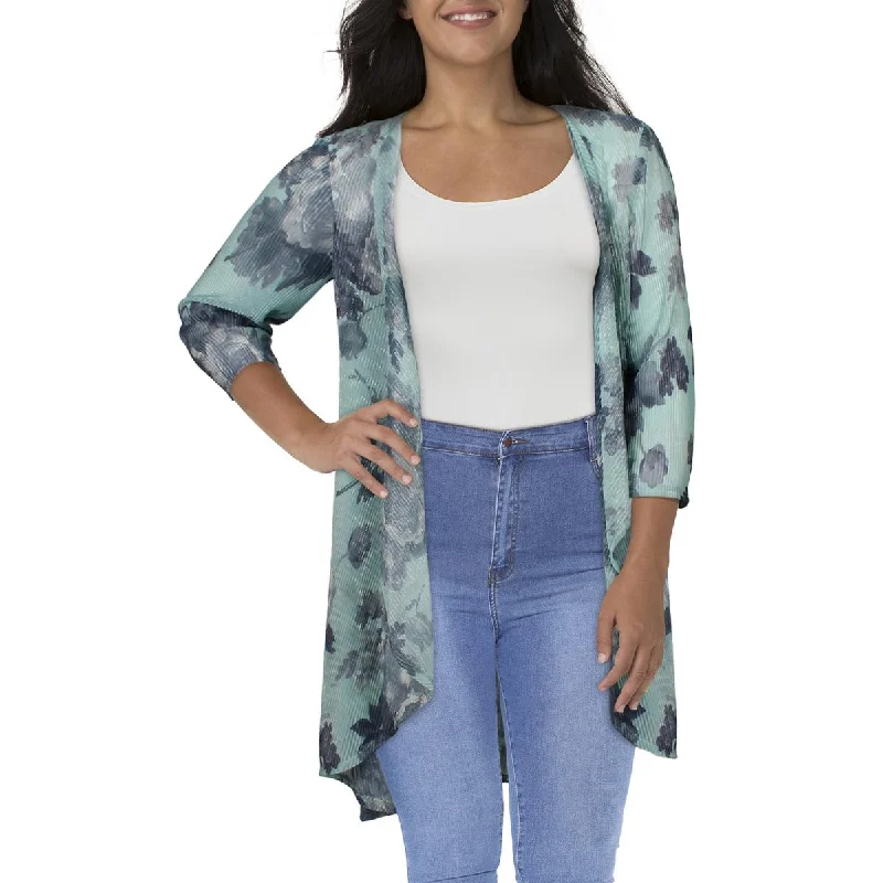 R&M Richards Womens Plus Crinkled Floral Duster Blazer