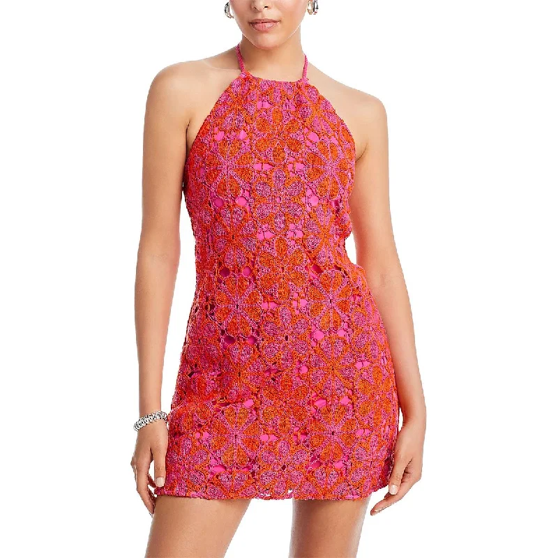 Ramy Brook Womens Irina Crochet Halter Sheath Dress