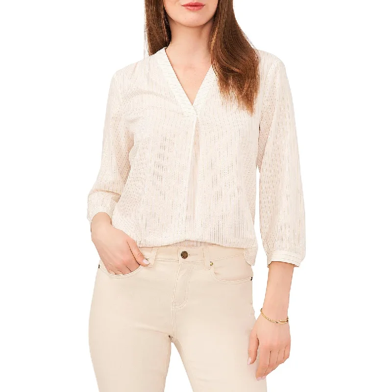 Vince Camuto Womens Shimmer V Neck Button-Down Top